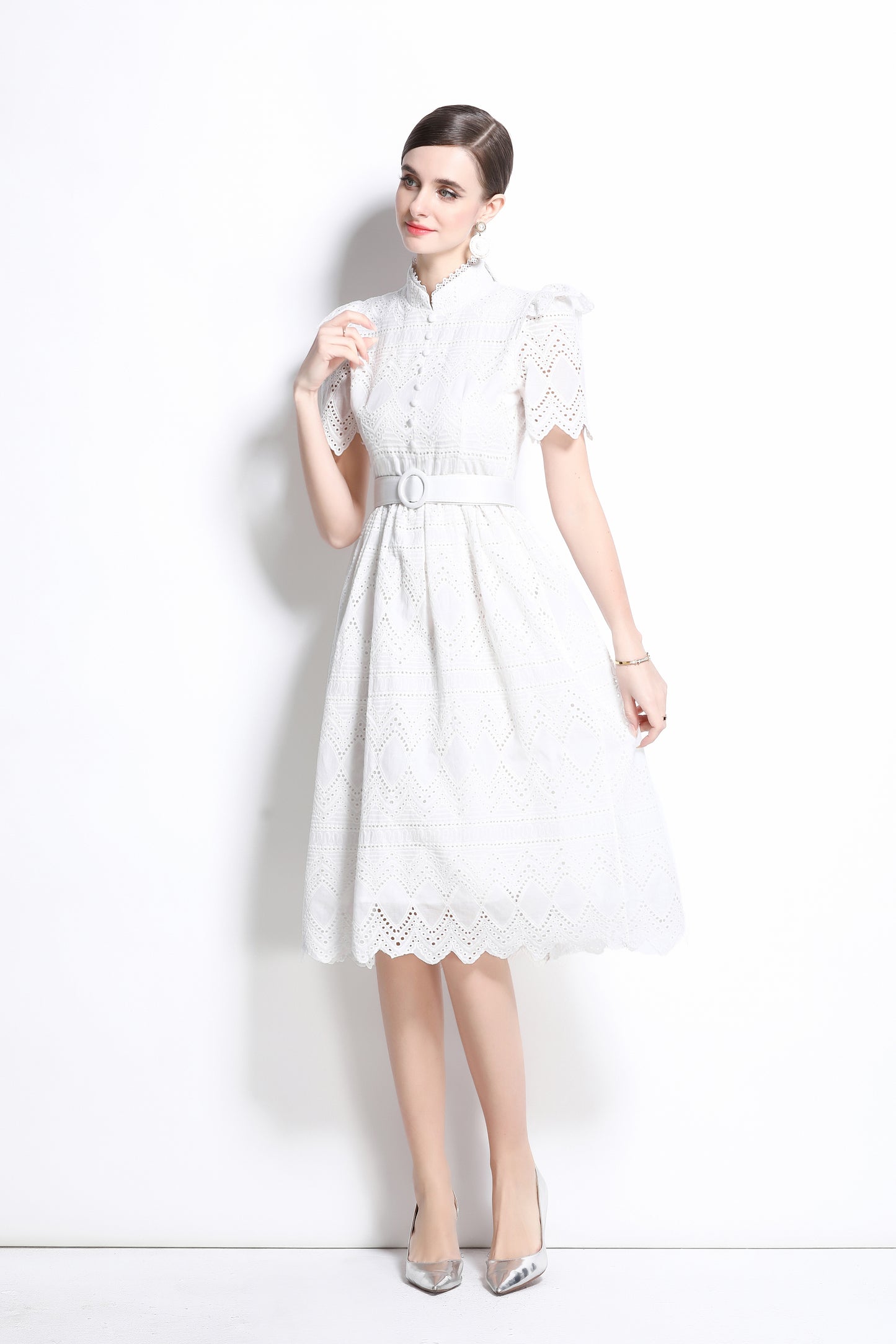 Women's Short Sleeve Lace Buttons Ruffles Midi Dress