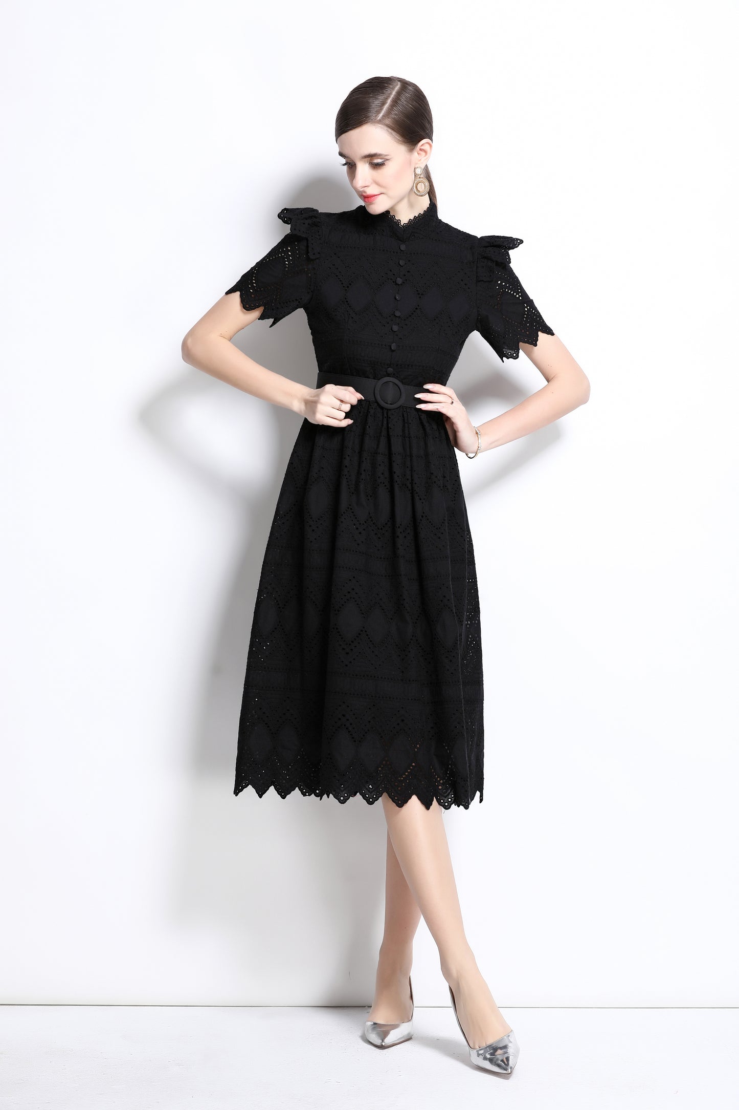 Women's Short Sleeve Lace Buttons Ruffles Midi Dress