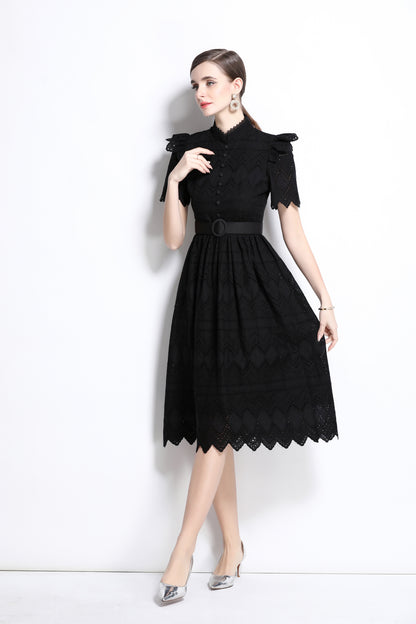 Women's Short Sleeve Lace Buttons Ruffles Midi Dress