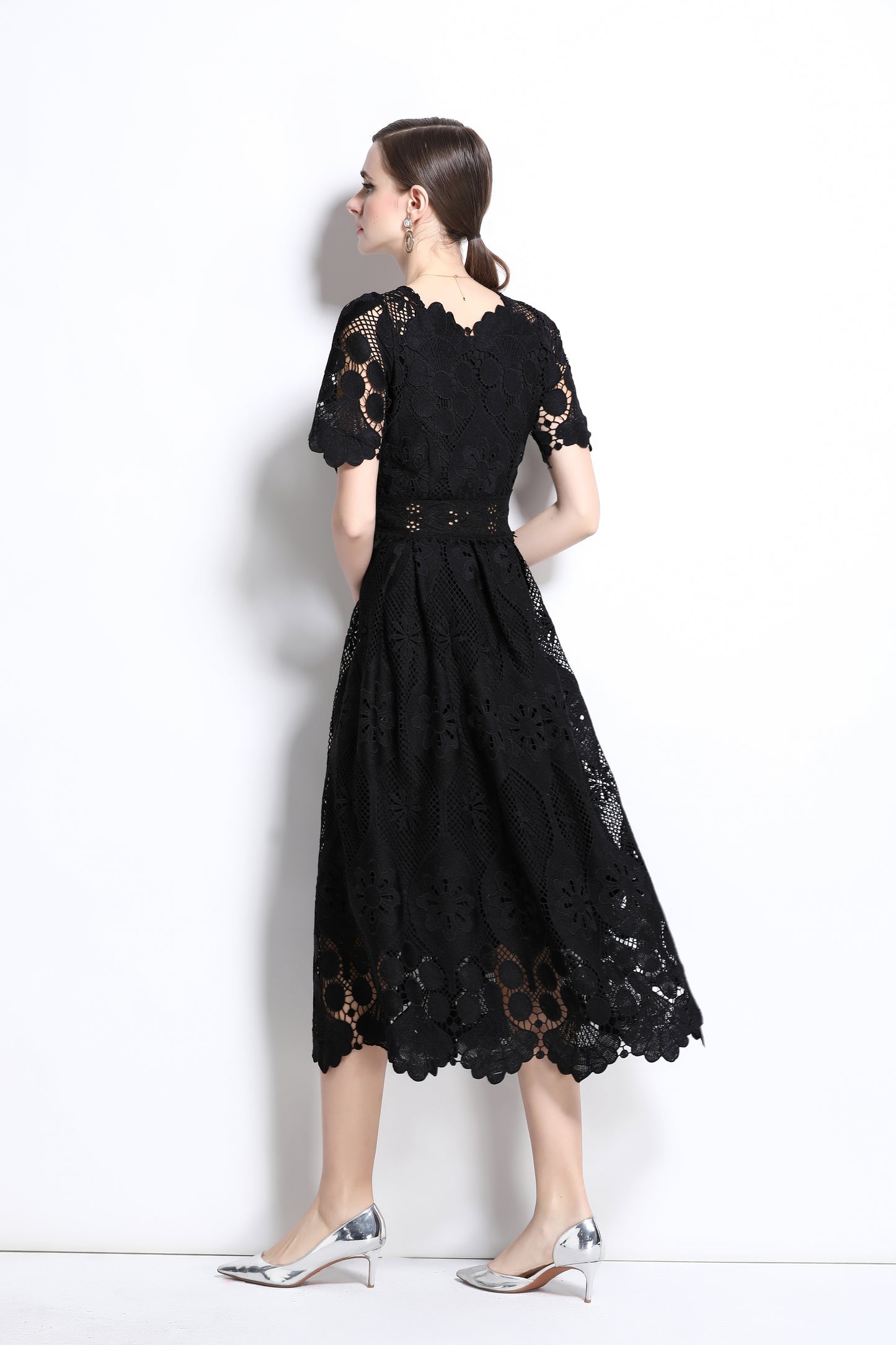 Women's Lace Hollow Solid Color Midi Dress