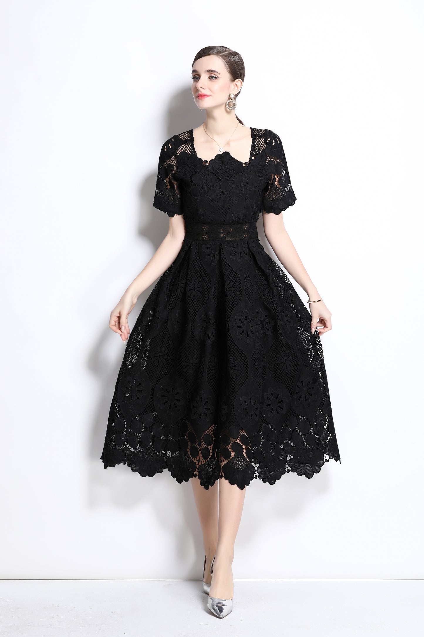 Women's Lace Hollow Solid Color Midi Dress