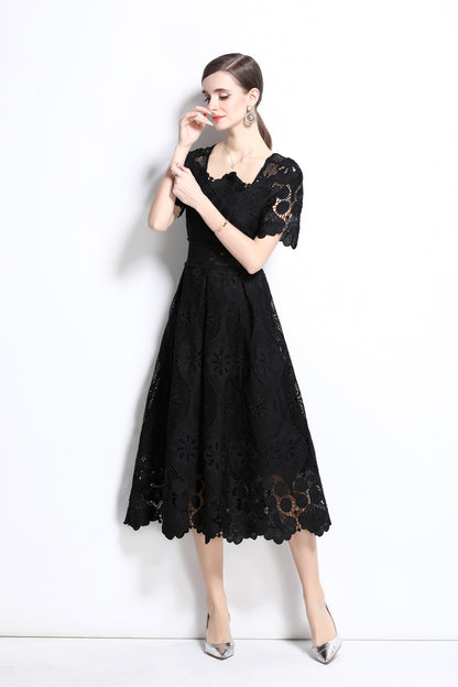 Women's Lace Hollow Solid Color Midi Dress