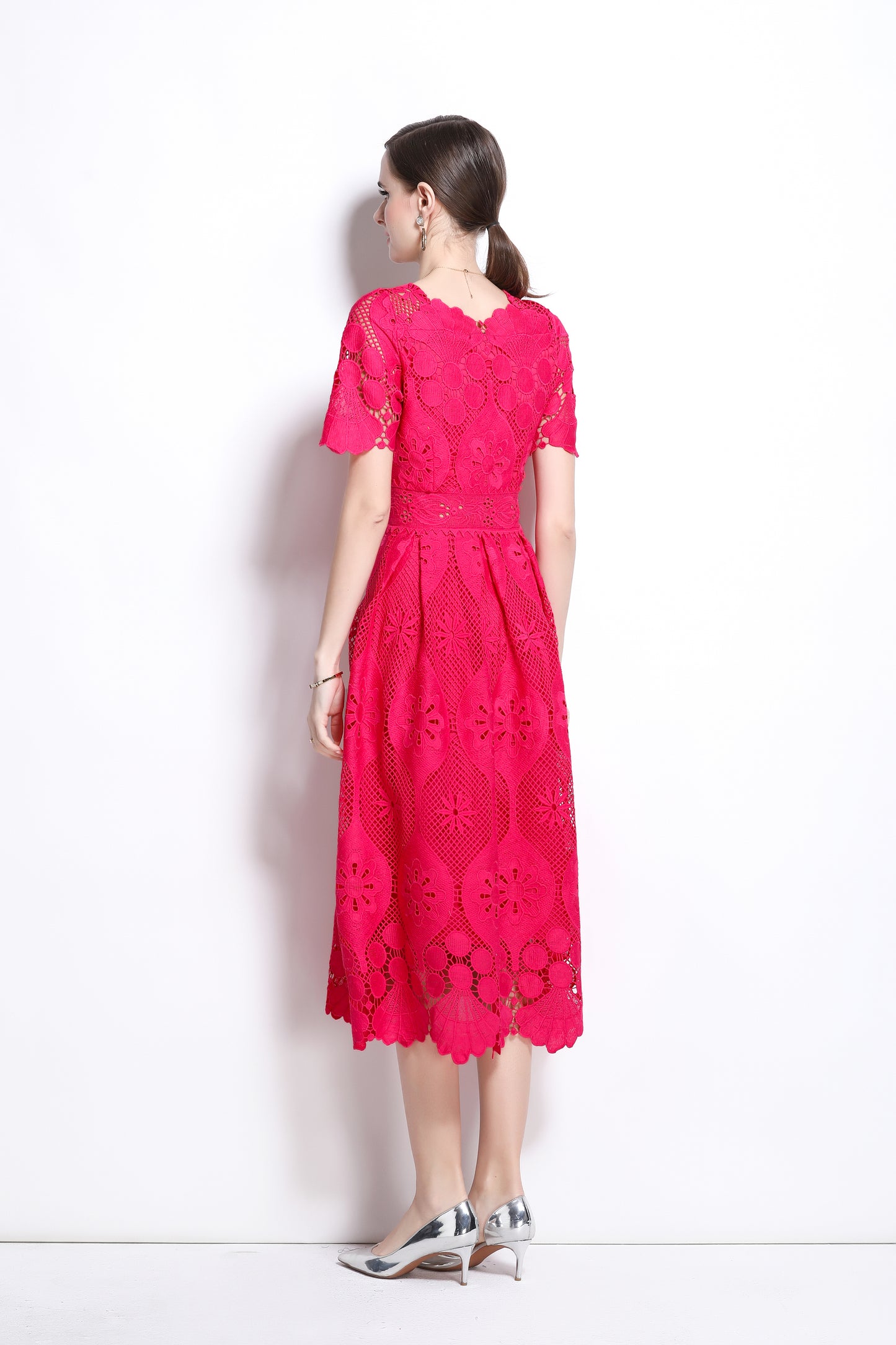 Women's Lace Hollow Solid Color Midi Dress