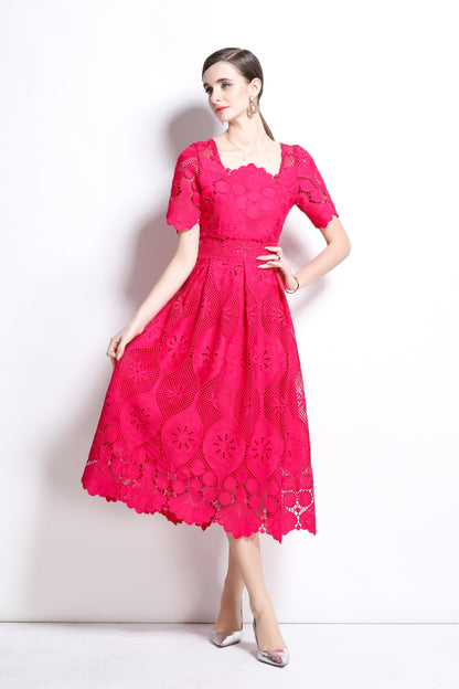 Women's Lace Hollow Solid Color Midi Dress