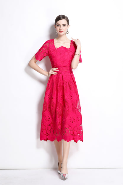 Women's Lace Hollow Solid Color Midi Dress