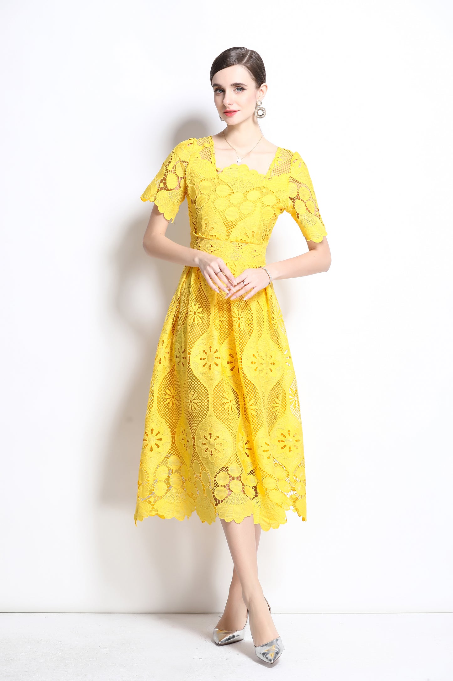 Women's Lace Hollow Solid Color Midi Dress