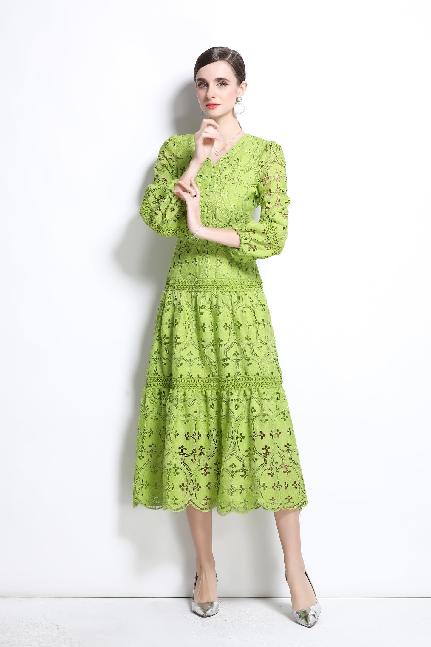 Women's Hollow Lace V-Neck Puff Sleeve Midi Dress