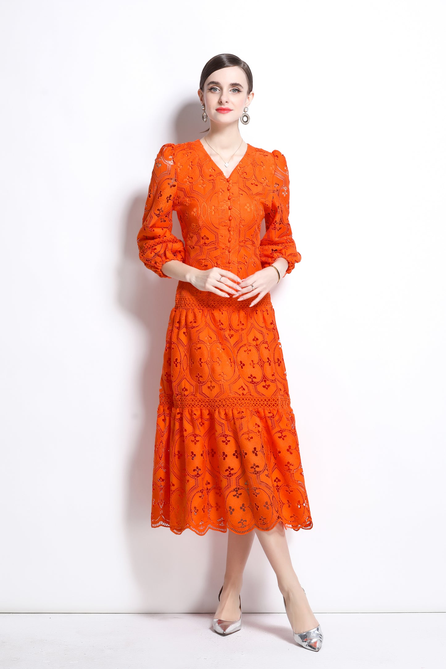 Women's Hollow Lace V-Neck Puff Sleeve Midi Dress