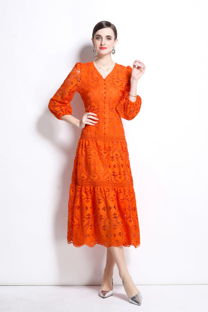 Women's Hollow Lace V-Neck Puff Sleeve Midi Dress