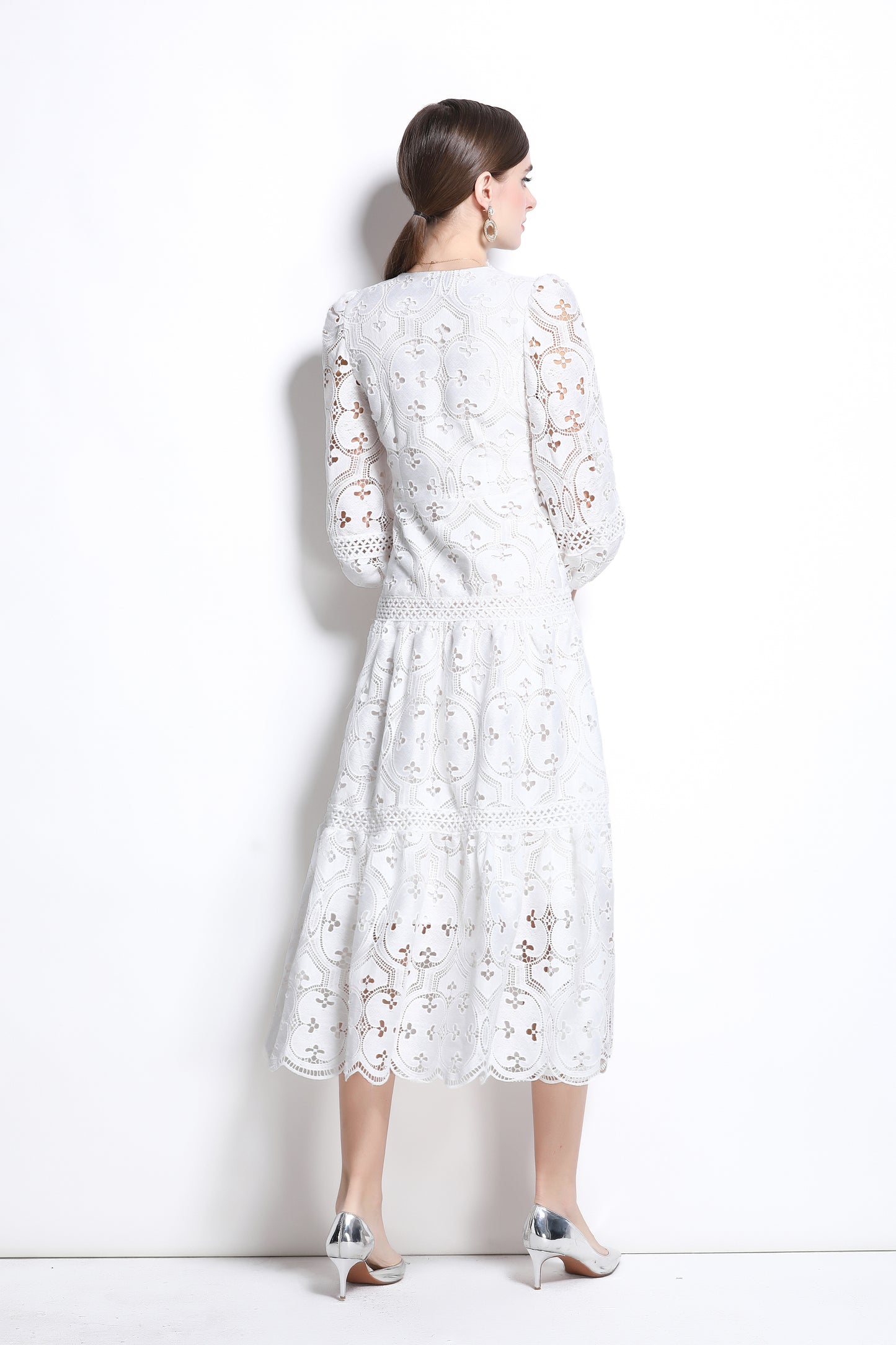 Women's Hollow Lace V-Neck Puff Sleeve Midi Dress