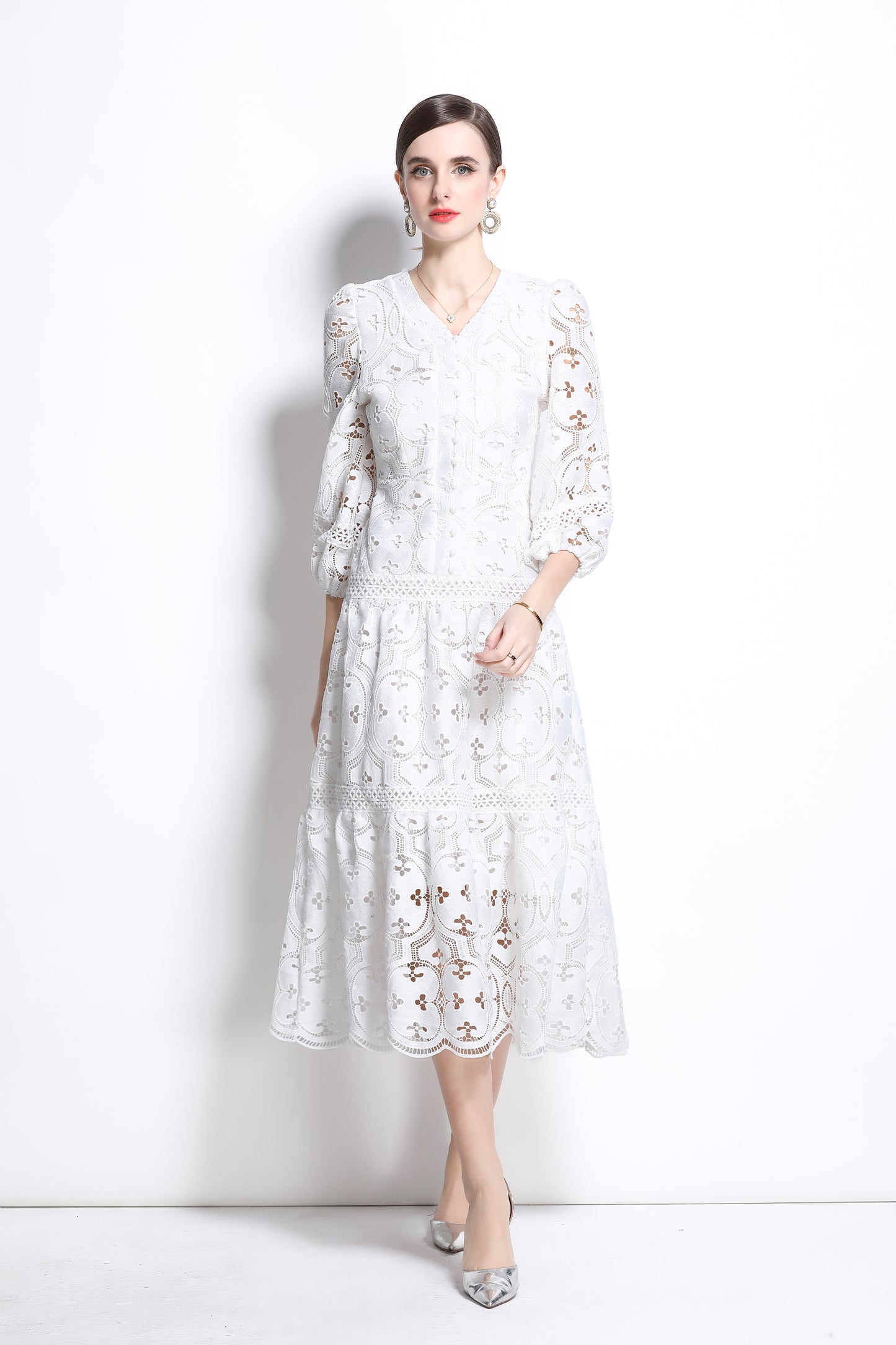 Women's Hollow Lace V-Neck Puff Sleeve Midi Dress