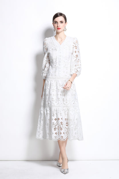 Women's Hollow Lace V-Neck Puff Sleeve Midi Dress