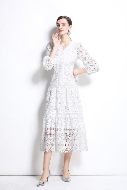 Women's Hollow Lace V-Neck Puff Sleeve Midi Dress