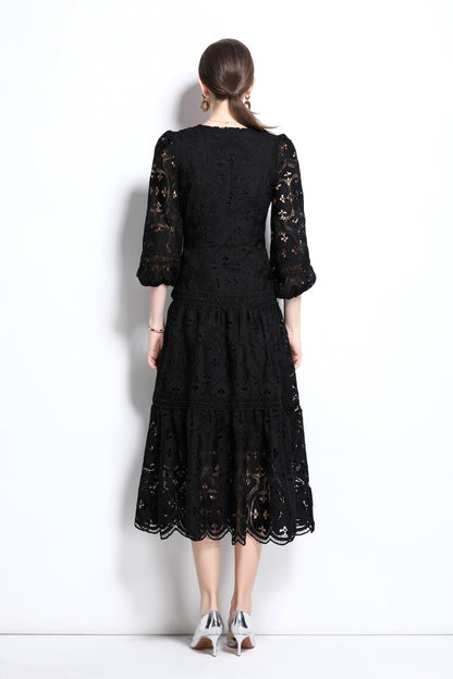 Women's Hollow Lace V-Neck Puff Sleeve Midi Dress