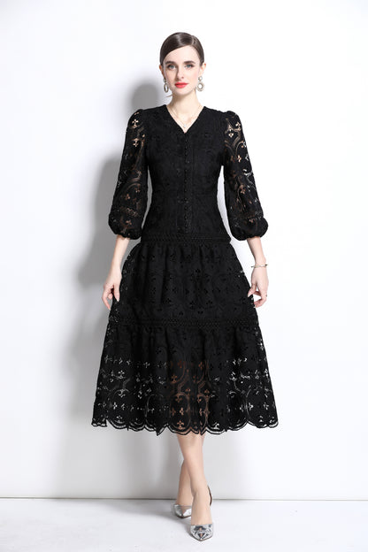 Women's Hollow Lace V-Neck Puff Sleeve Midi Dress