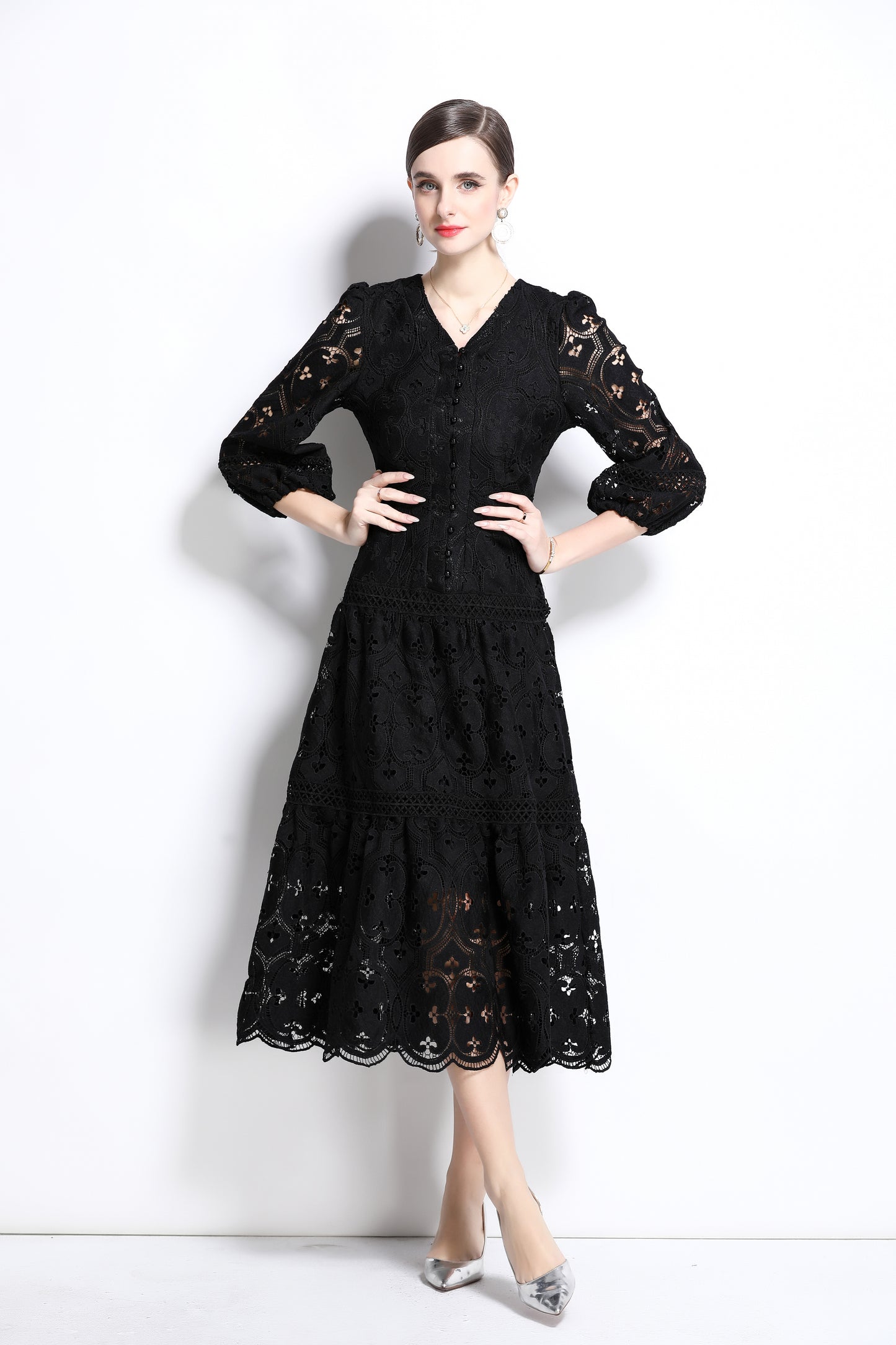 Women's Hollow Lace V-Neck Puff Sleeve Midi Dress