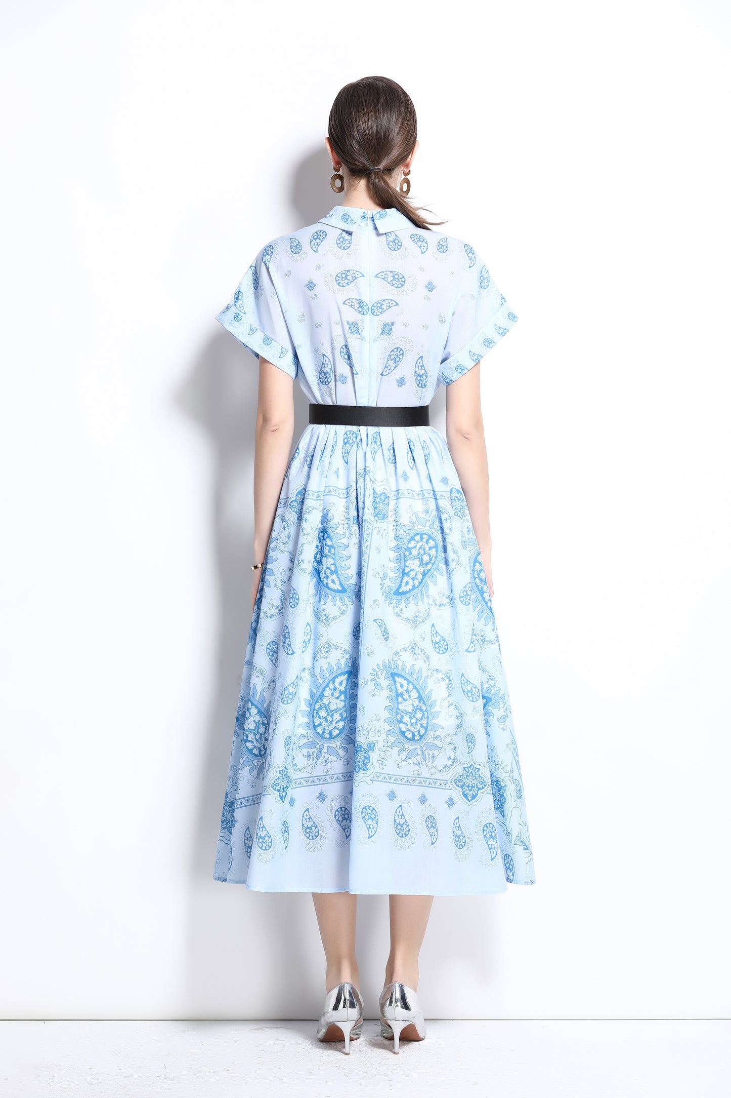 Women's Printed Collar Neck Short Sleeve MIDI Dress