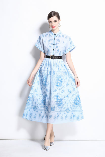 Women's Printed Collar Neck Short Sleeve MIDI Dress