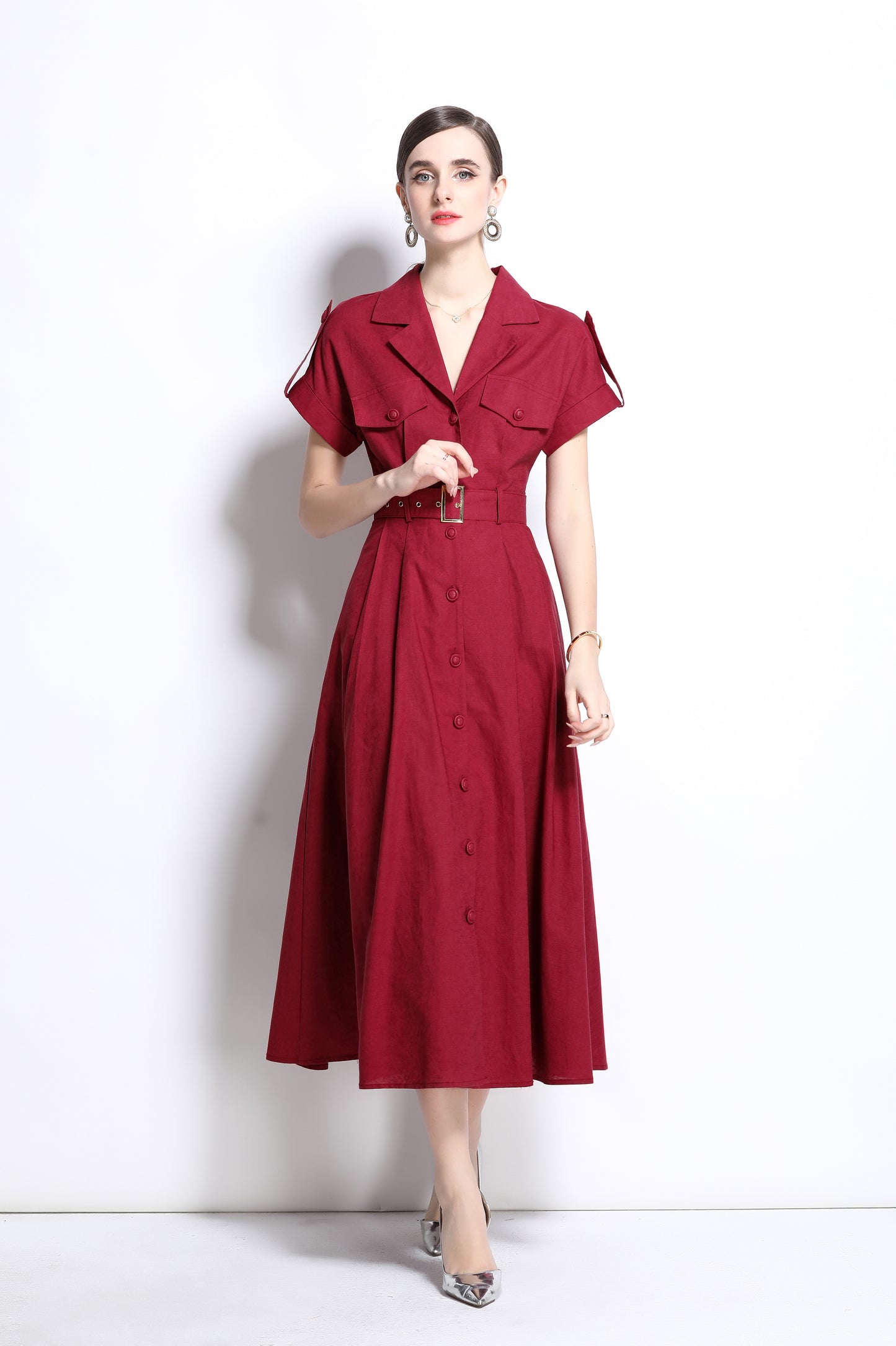 Women's Notch Lapels Midi Dress With Pocket