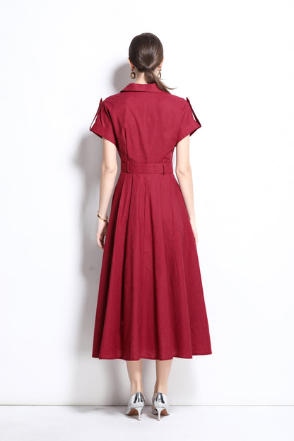 Women's Notch Lapels Midi Dress With Pocket