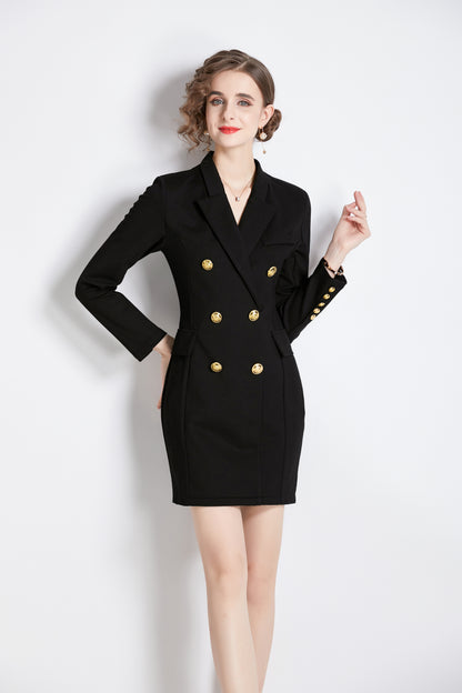 Women's notched lapel double breasted black mini dress