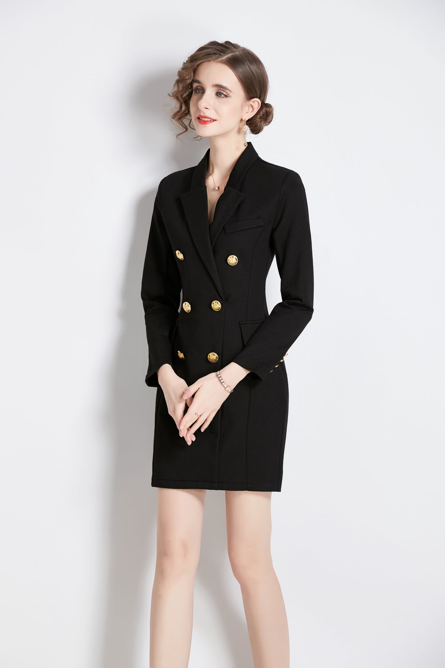 Women's notched lapel double breasted black mini dress