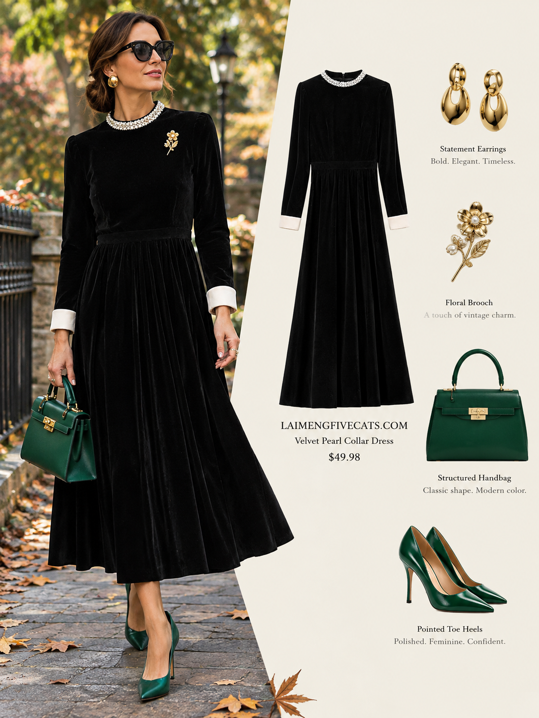 28698 Black Velvet Pearl Collar Dress – A Statement in Color