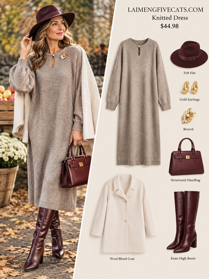 28721 Women's Keyhole Neck Knit Midi Dress – Relaxed Fit | 3 Colors