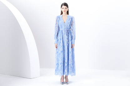 Women's V-Neck Lace Lantern Sleeve Mesh Maxi Dress