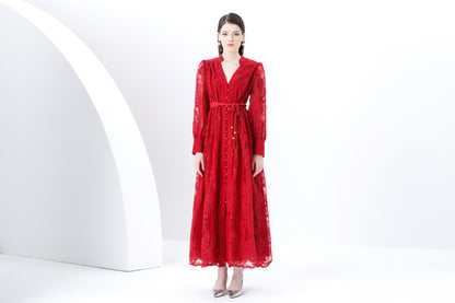 Women's V-Neck Lace Lantern Sleeve Mesh Maxi Dress