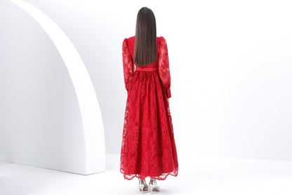 Women's V-Neck Lace Lantern Sleeve Mesh Maxi Dress