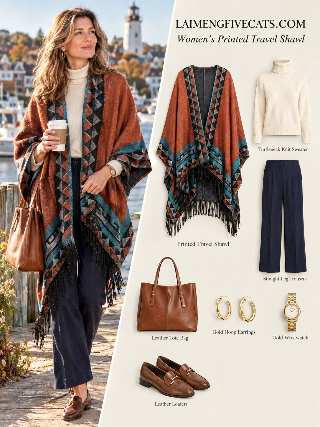 28690-Women's Printed Fringe Travel Shawl – Rust & Teal - LAI MENG FIVE CATS