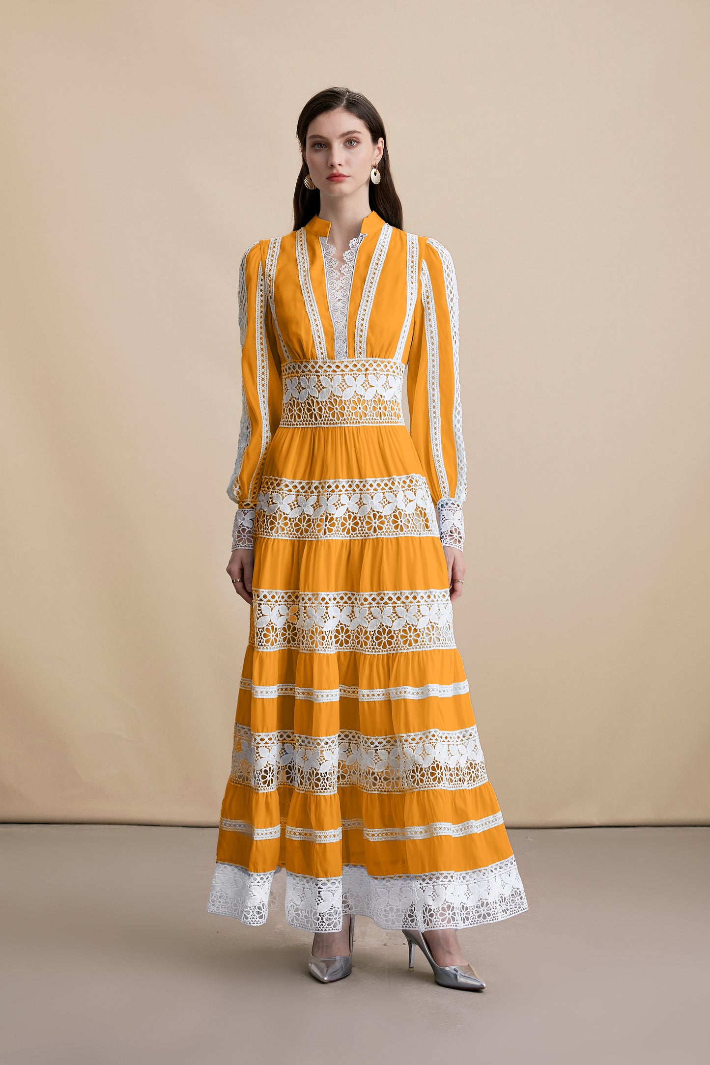 Women's V-Neck Smocked Lace Tiered Maxi Dress