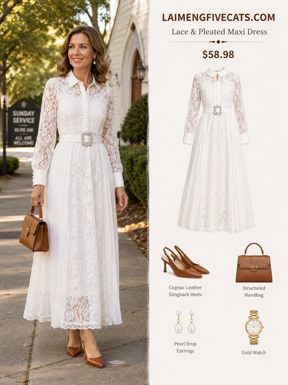 Lace & Chiffon Maxi Dress – Elegant Long Sleeve Dress with Crystal Belt