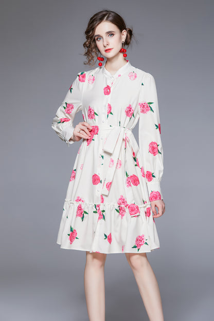 Floral Lantern Sleeve Ruffle Belt Mini Dress