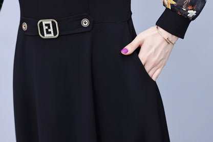 Women's V-Neck Long Sleeve Patchwork Black Dress