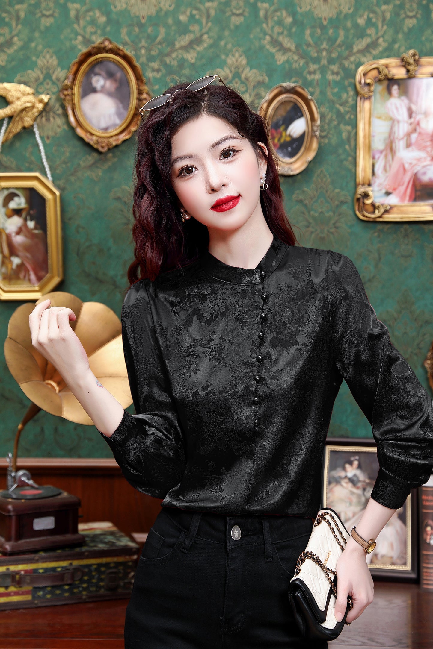 Women's Silk Satin Jacquard Long Sleeve Blouses