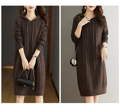 Women's Cable Knit Sweater Hoodie Midi Dress