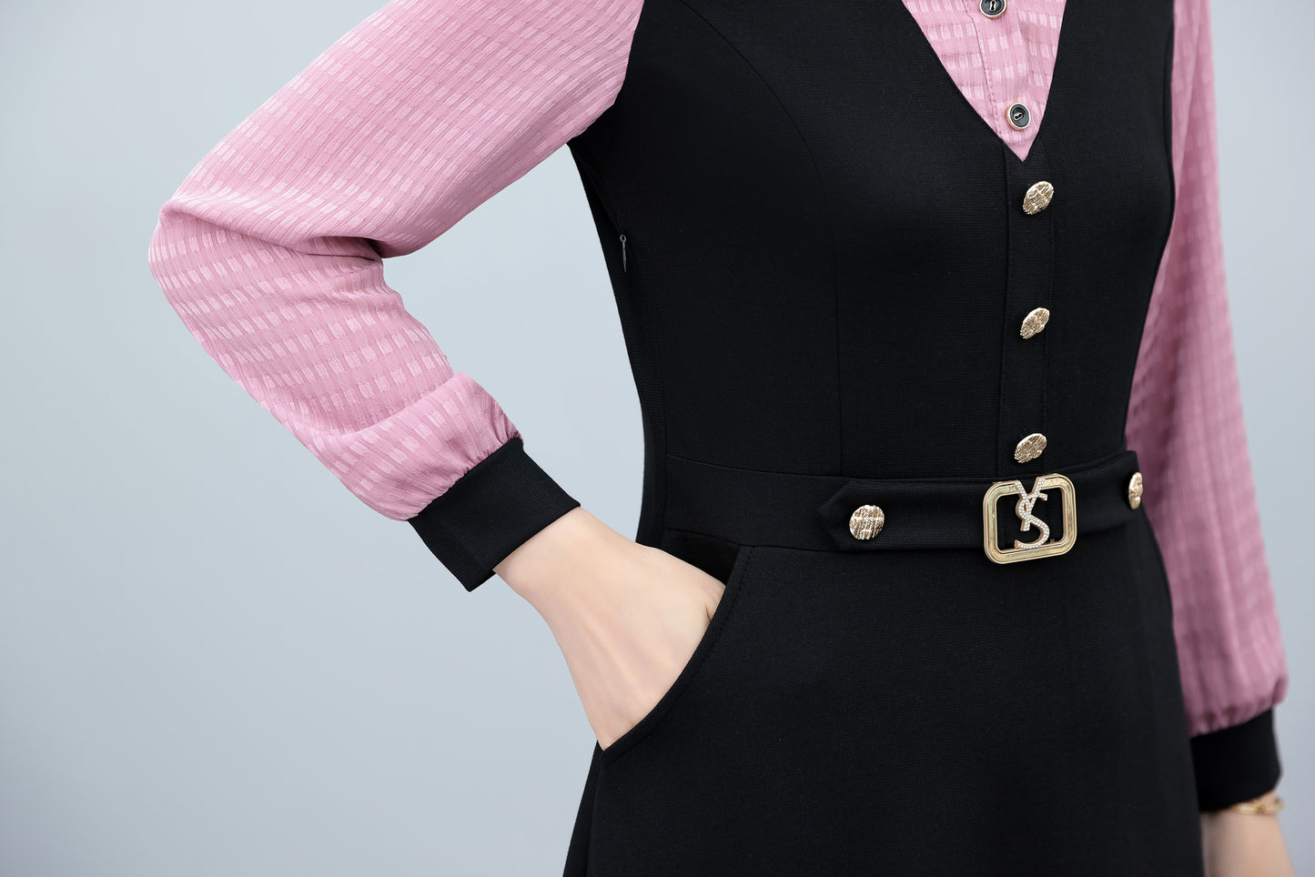 Women's Lapel V-Neck Pocket Long Sleeve Black Dress