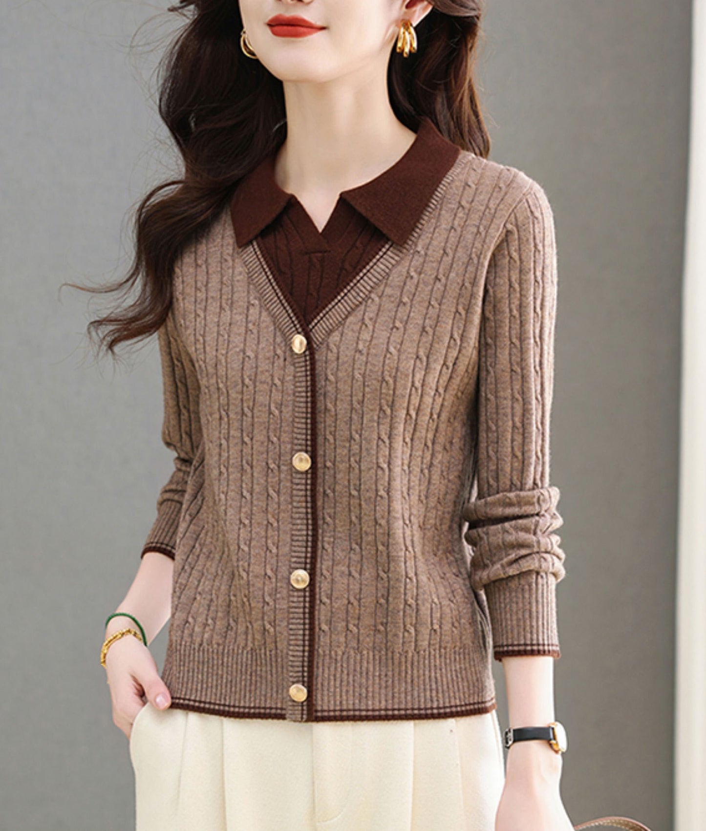 Women's Sweaters Tops Lapel Ribbed Knit Pullover Shirt