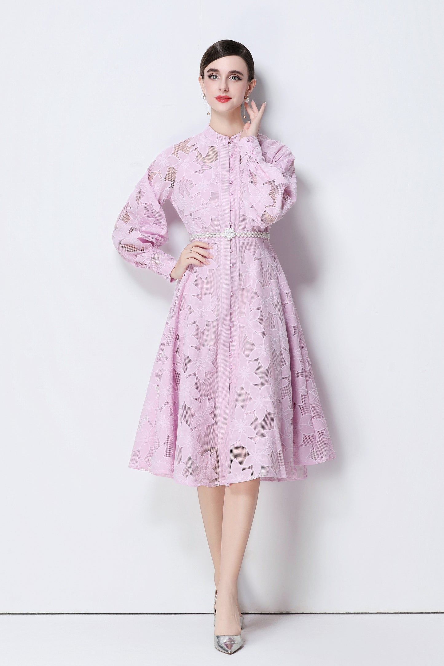 Women's Long Sleeve Eyelet Embroidery Button Midi Dress
