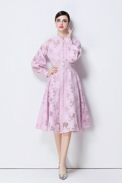Women's Long Sleeve Eyelet Embroidery Button Midi Dress