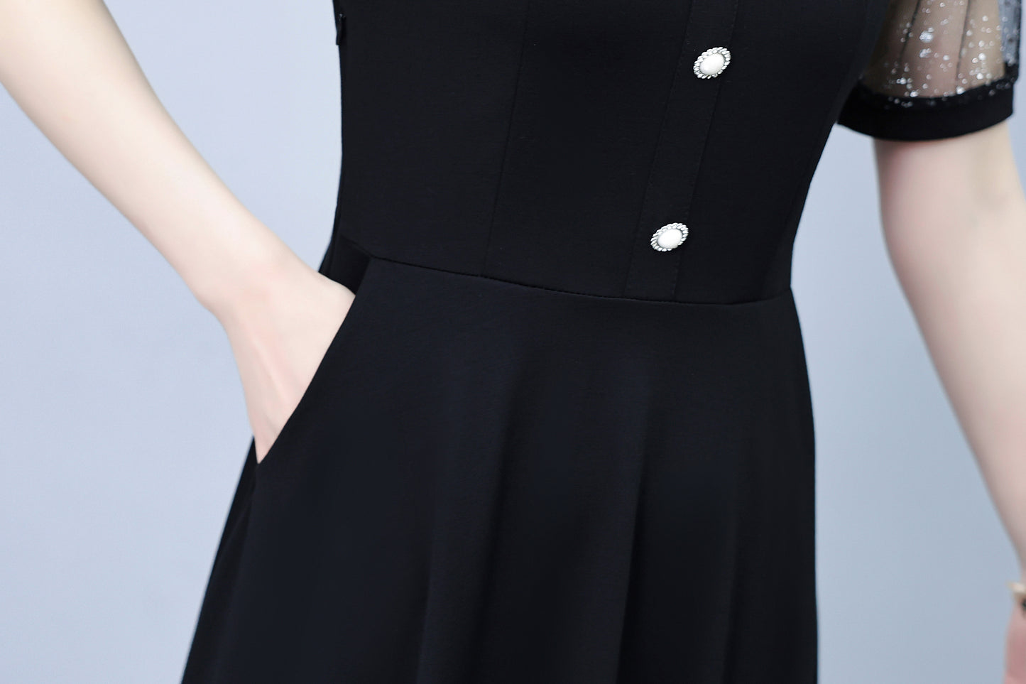 Women's Peter Pan Collar Short Sleeve Pocket Midi Dress - LAI MENG FIVE CATS