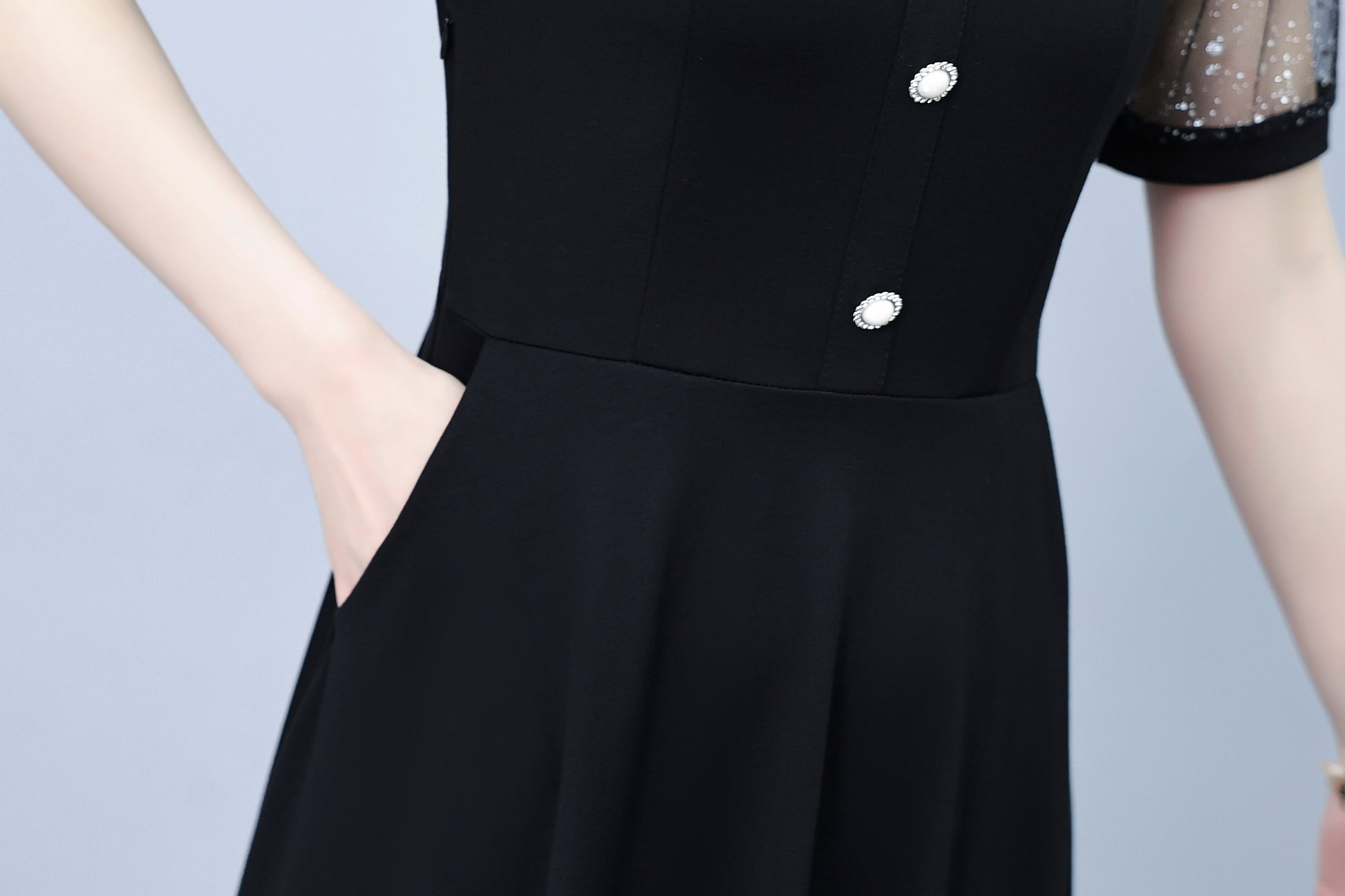 Women's Peter Pan Collar Short Sleeve Pocket Midi Dress - LAI MENG FIVE CATS