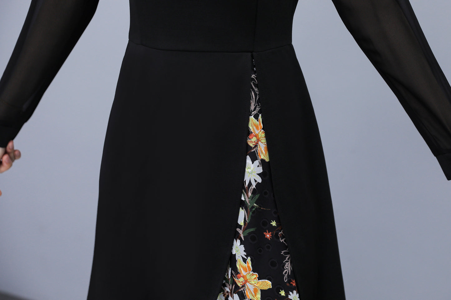 Women's V-Neck Long Sleeve Patchwork Black Dress