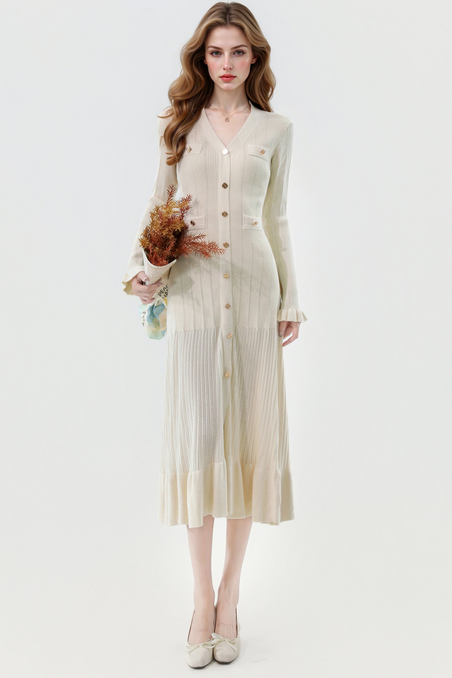 Women's V-Neck Sweater Knit Fishtail Hem Midi Dress