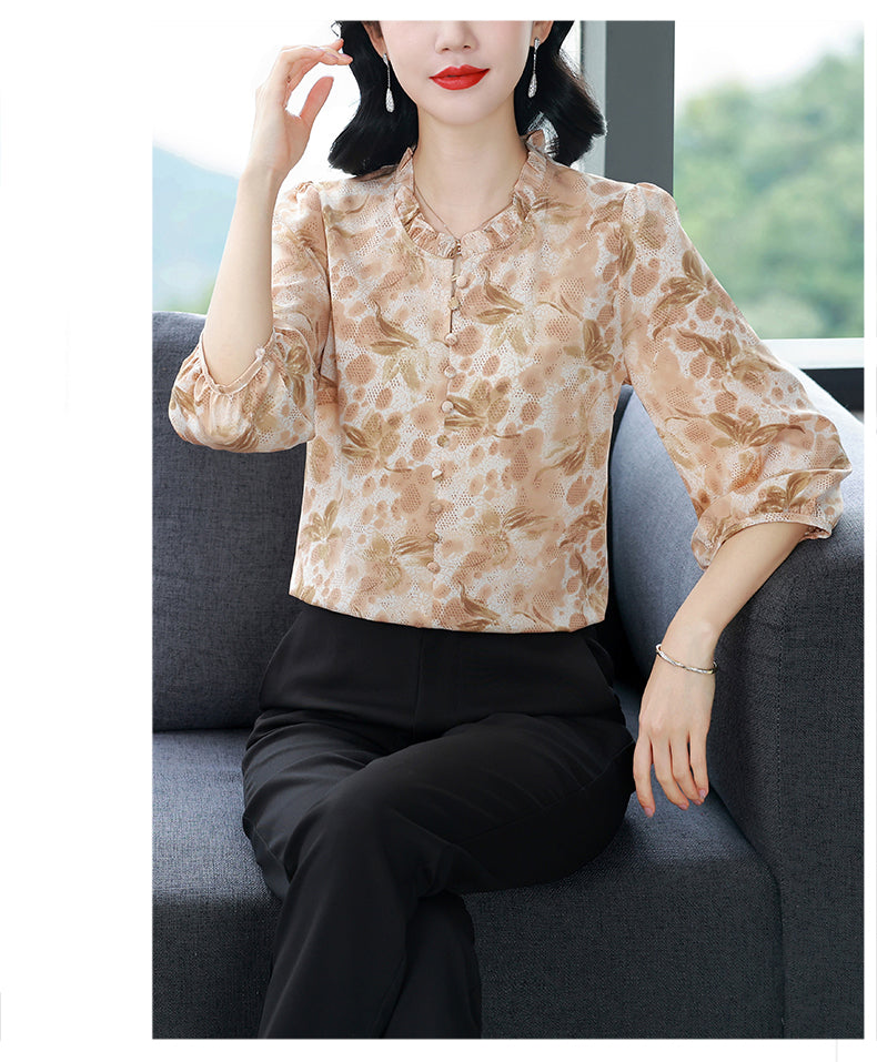 Women's Floral Print Ruffle Button Loose Blouses Top