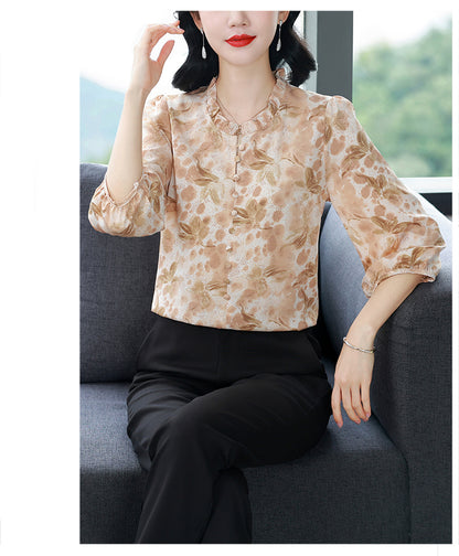Women's Floral Print Ruffle Button Loose Blouses Top
