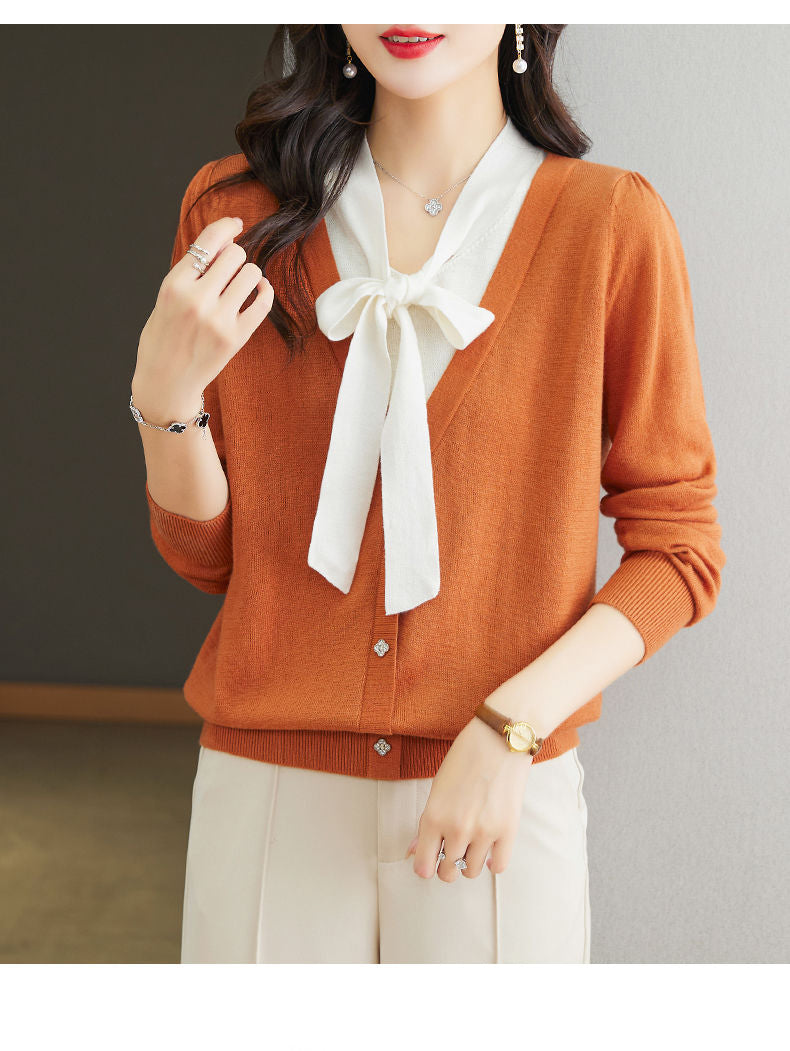 Women's Color Block Tie Neck Knit Top Sweater