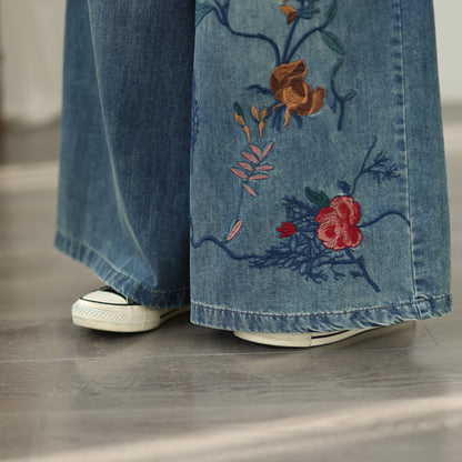 Women's Baggy Jeans Embroidery Elastic Waist Denim Pants
